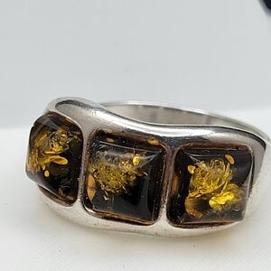 Sterling Silver Ring with Green Amber Inlays